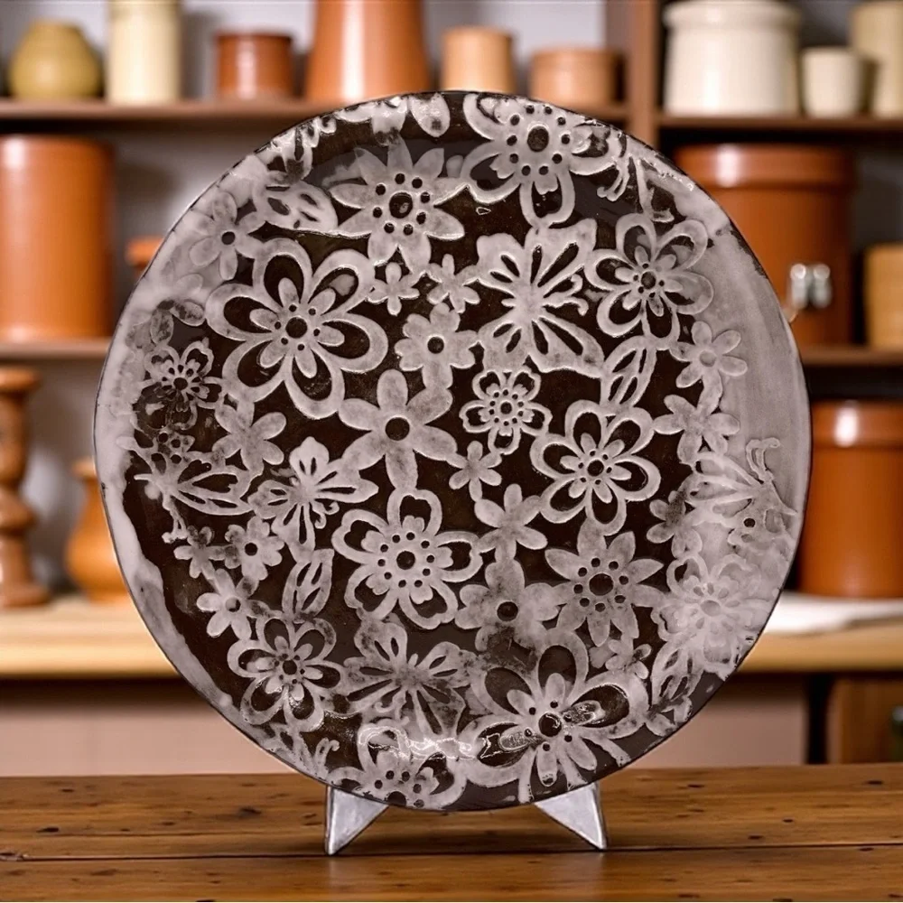 Handmade Floral Studio Pottery Plate - Decorative Ceramic Platter, Signed 13.5”
